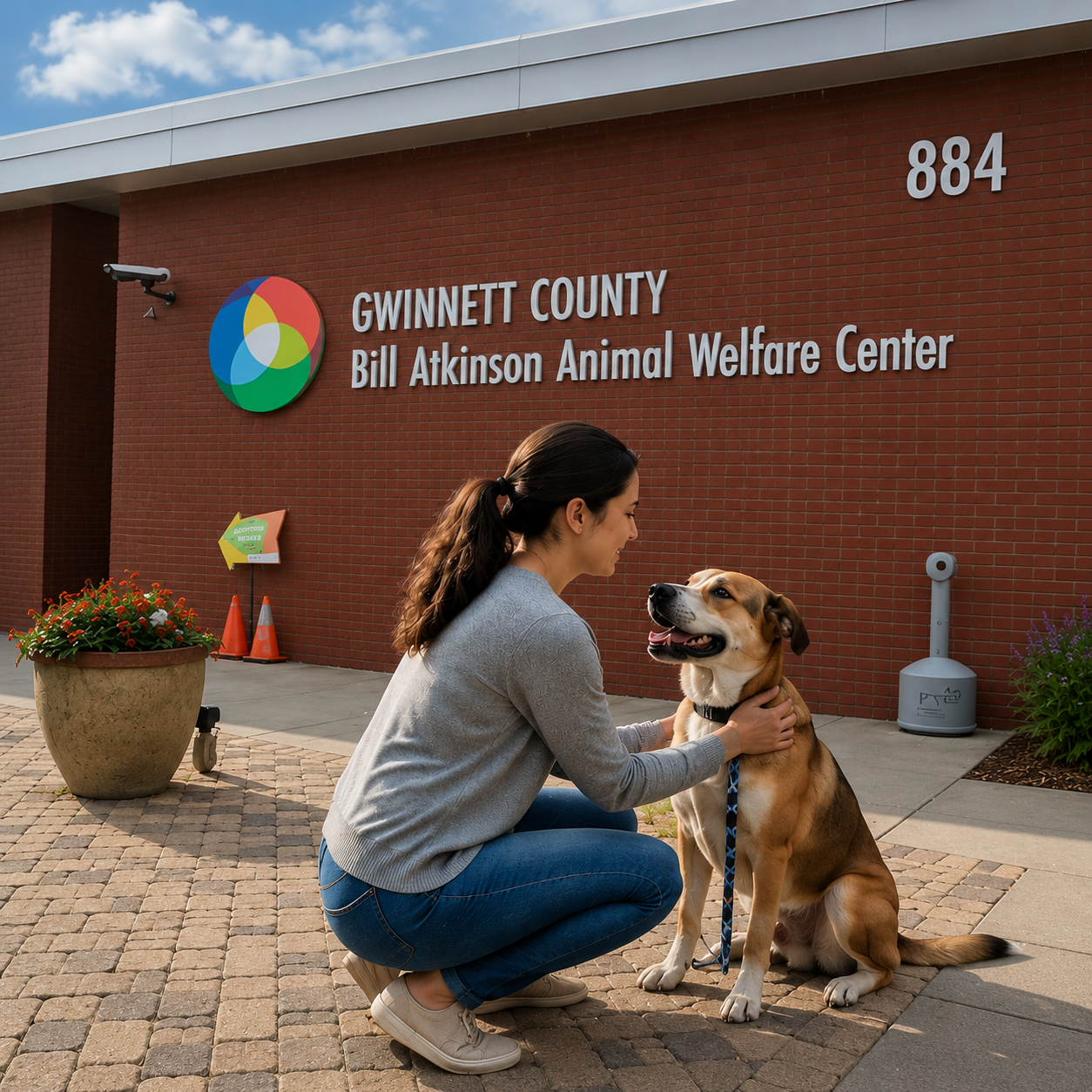 Resident with a dog outside an animal shelter