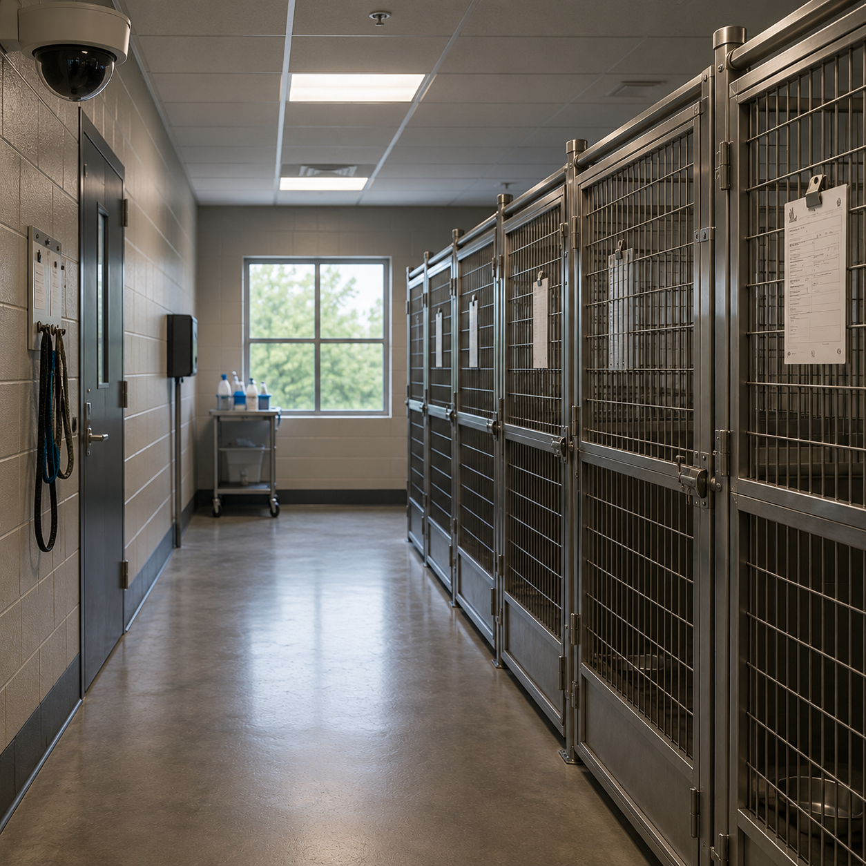 Animal shelter kennel hallway with camera