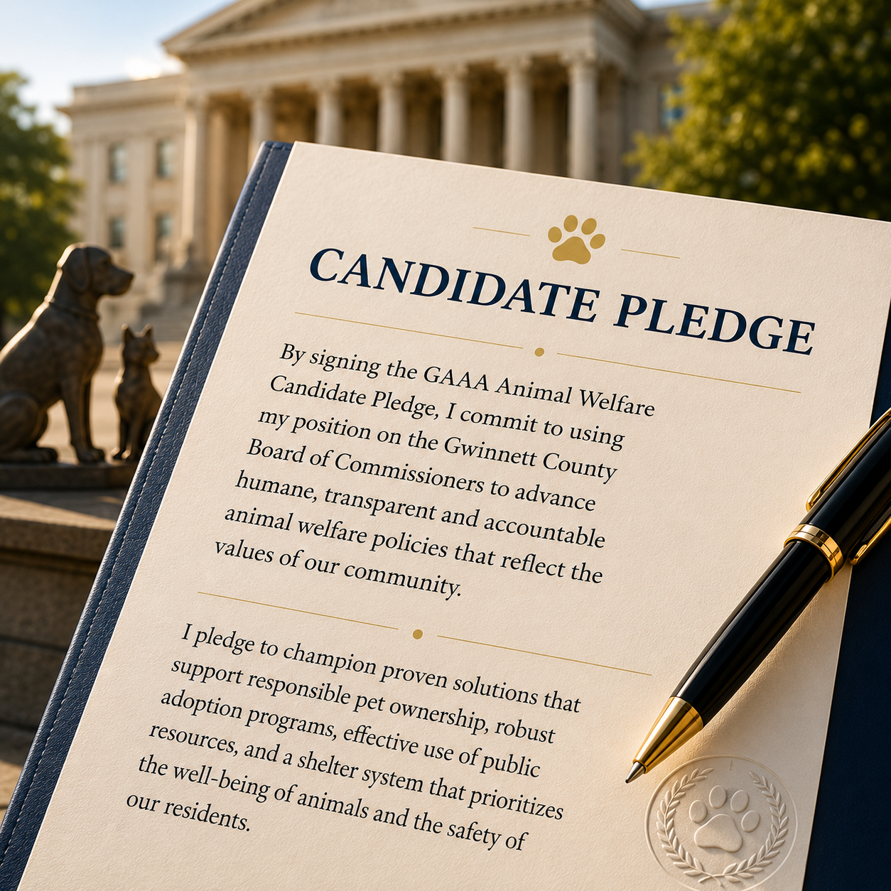 Candidate pledge document with a pen in a civic setting