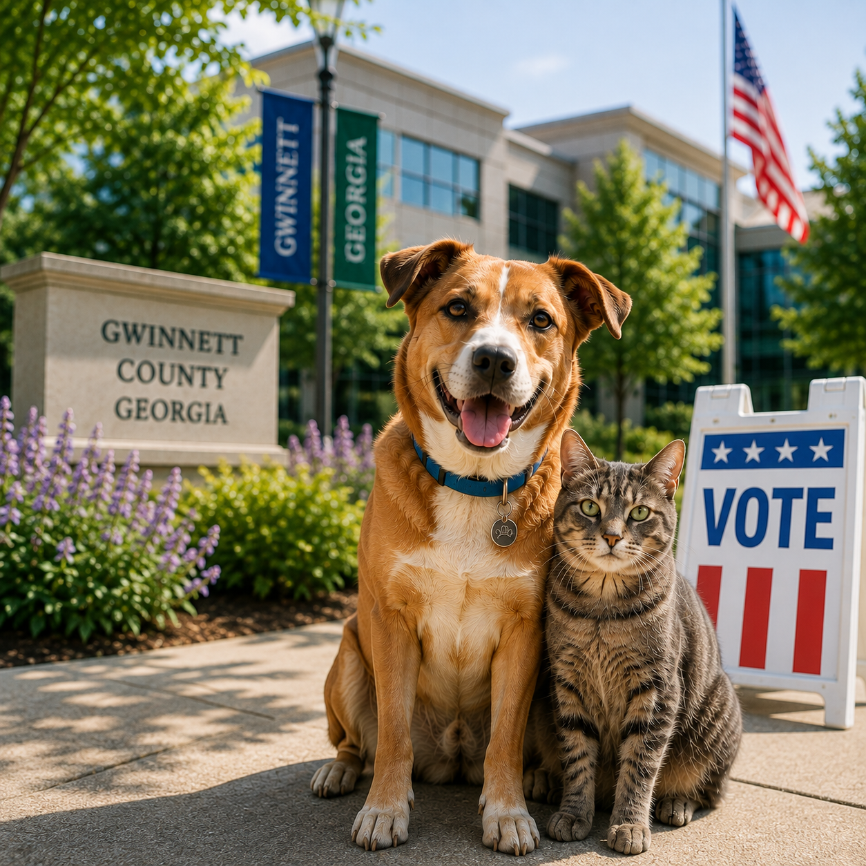 Dog and cat outside a Gwinnett County civic building beside a Vote sign