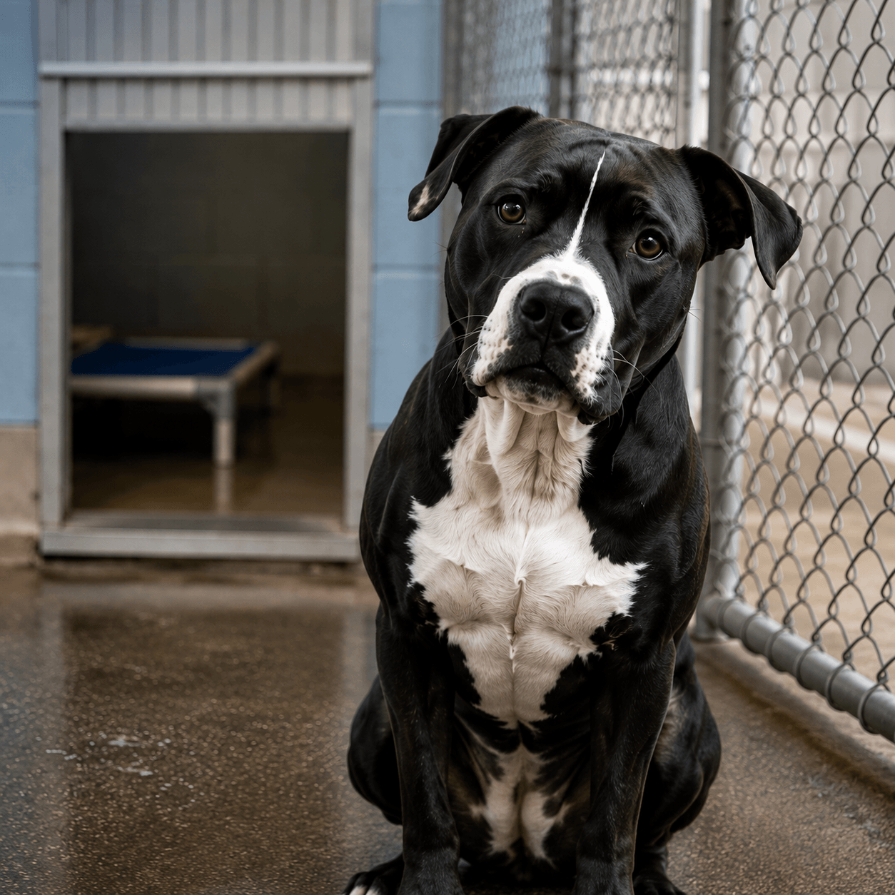 Black and white shelter dog sitting beside a kennel