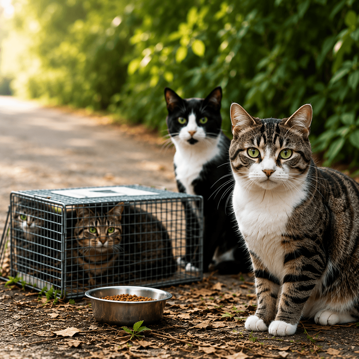 Community cats near a humane trap and feeding station