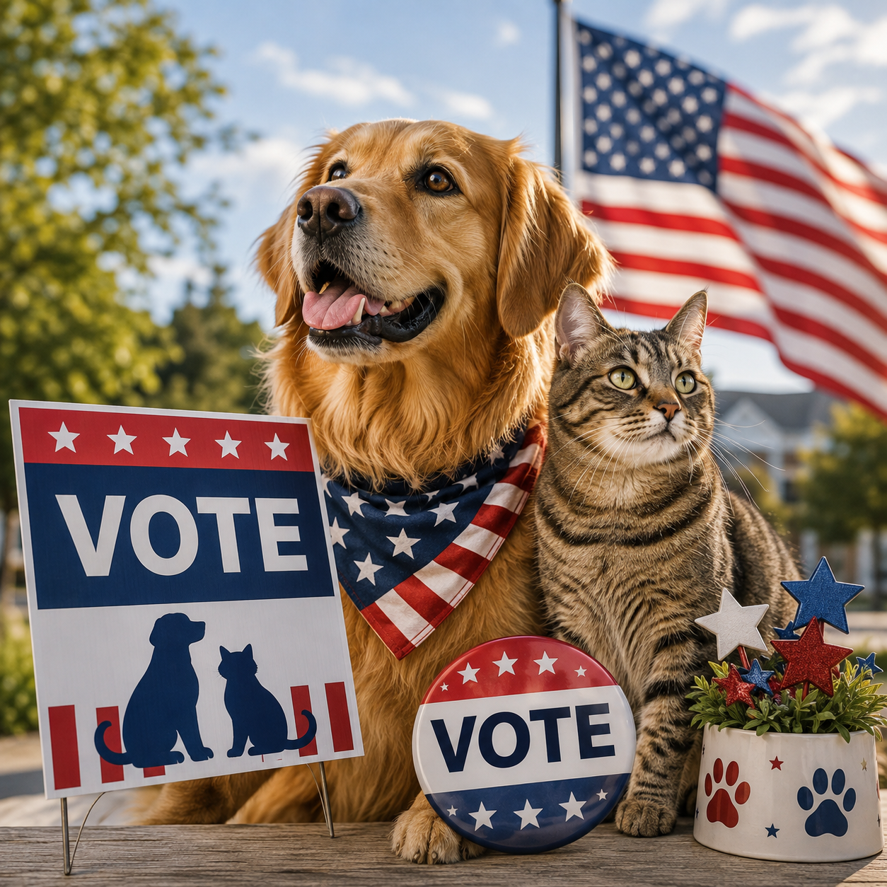 Dog and cat with voting signs and American flag