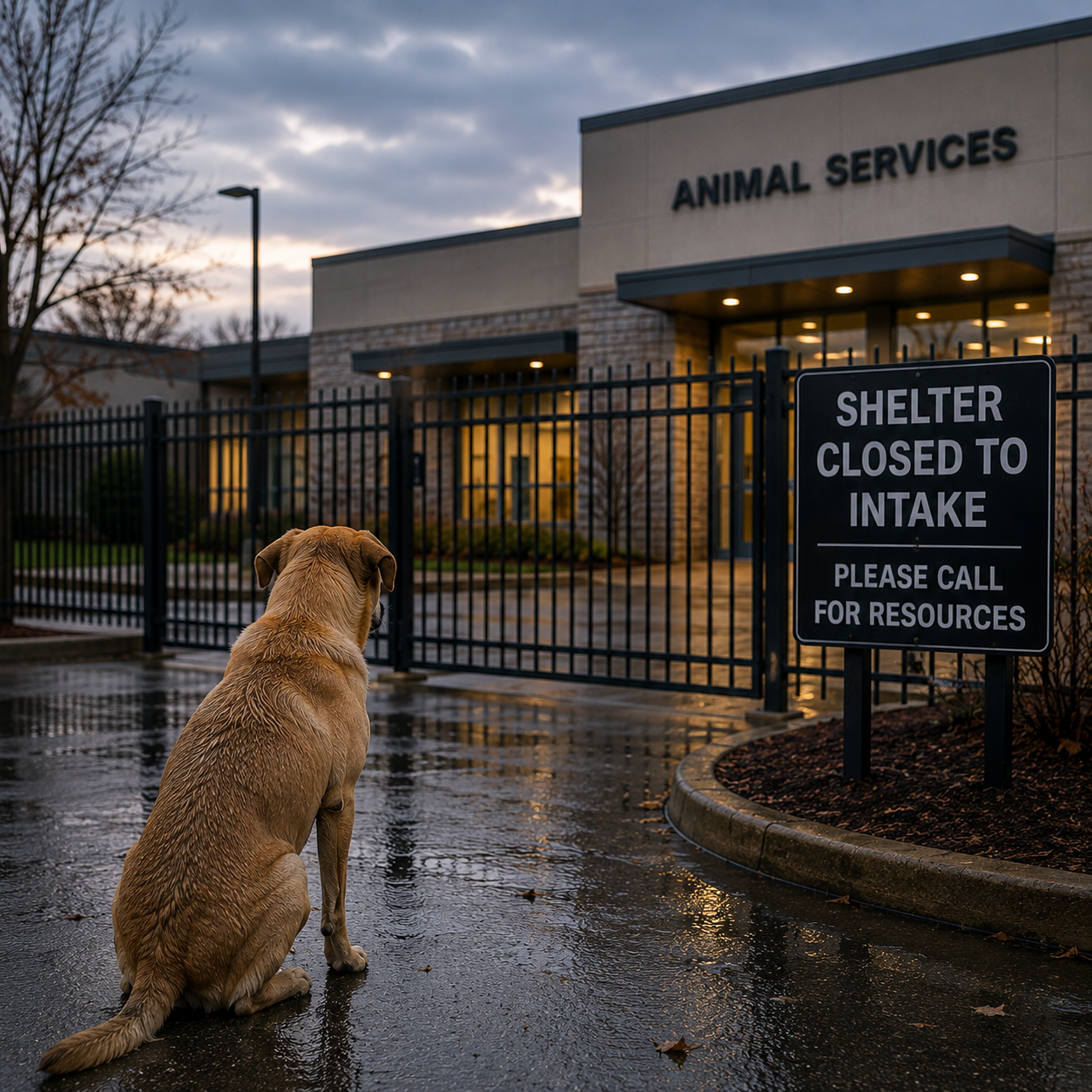 Dog waiting outside a closed animal shelter gate
