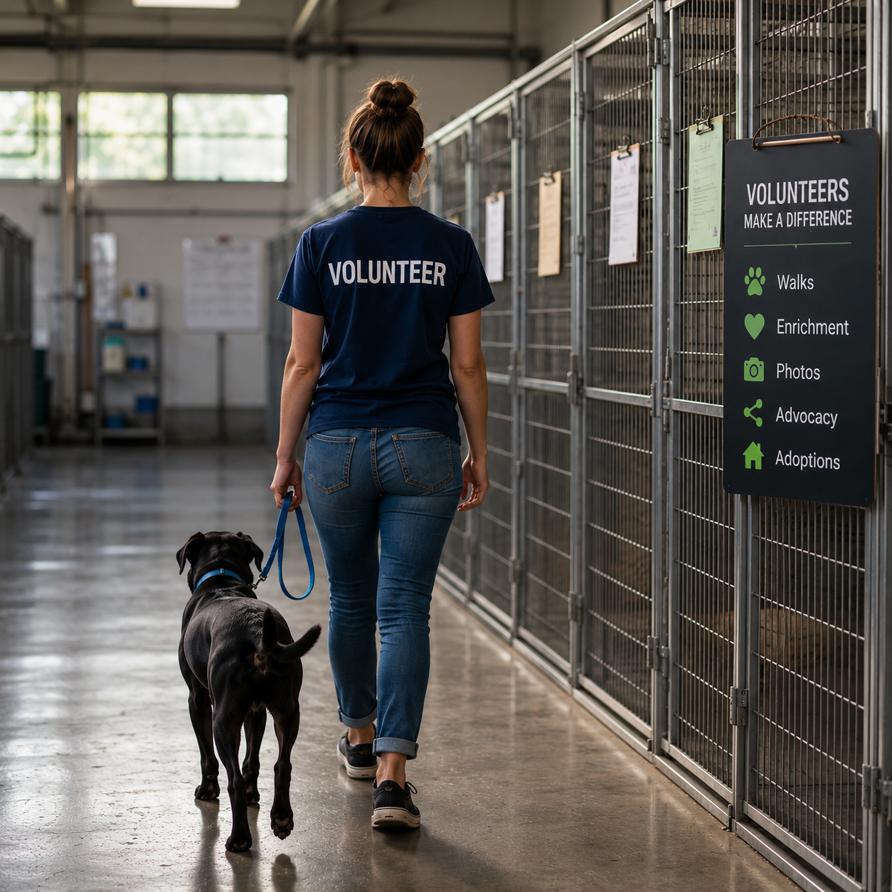 Volunteer walking a dog through an animal shelter kennel corridor
